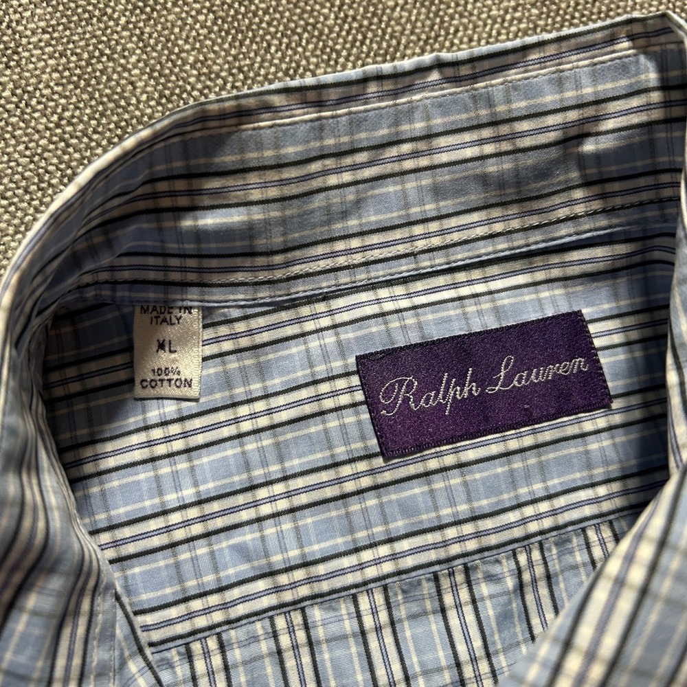 Ralph Lauren Purple Label Button Down Mens XL Blue Plaid Made in Italy Cotton - Picture 2 of 7